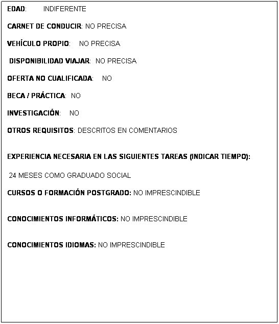 Cuadro de texto: EDAD:&nbsp; &nbsp;&nbsp;&nbsp;&nbsp;&nbsp;&nbsp;INDIFERENTE&nbsp;&nbsp;&nbsp;&nbsp;&nbsp; &nbsp;&nbsp;&nbsp;&nbsp;&nbsp;&nbsp;&nbsp;&nbsp;&nbsp;&nbsp;&nbsp;&nbsp;&nbsp;&nbsp;&nbsp;&nbsp;&nbsp;&nbsp;&nbsp;&nbsp;&nbsp;&nbsp;&nbsp;&nbsp;&nbsp;&nbsp;&nbsp;&nbsp;&nbsp;&nbsp;&nbsp;&nbsp;&nbsp;&nbsp;&nbsp;&nbsp;&nbsp;&nbsp;&nbsp;&nbsp;&nbsp;
&nbsp;
CARNET DE CONDUCIR: NO PRECISA
&nbsp;&nbsp;&nbsp;&nbsp;&nbsp;&nbsp;&nbsp;&nbsp;&nbsp;&nbsp;&nbsp;&nbsp;&nbsp;&nbsp;&nbsp;&nbsp;&nbsp;&nbsp;&nbsp;&nbsp;&nbsp;&nbsp;&nbsp;&nbsp;&nbsp;&nbsp;&nbsp;&nbsp;&nbsp;&nbsp; &nbsp;&nbsp;
VEH�CULO PROPIO:&nbsp;&nbsp;&nbsp; NO PRECISA&nbsp;&nbsp;&nbsp;&nbsp;&nbsp;&nbsp;&nbsp;&nbsp;&nbsp;&nbsp;&nbsp;&nbsp;&nbsp;&nbsp;&nbsp;&nbsp;&nbsp;&nbsp;&nbsp;&nbsp;&nbsp;&nbsp;&nbsp; 
&nbsp;
&nbsp;DISPONIBILIDAD VIAJAR: &nbsp;NO PRECISA
&nbsp;&nbsp;
OFERTA NO CUALIFICADA:&nbsp;&nbsp;&nbsp; NO
&nbsp;&nbsp;&nbsp;&nbsp; 
BECA / PR�CTICA: &nbsp;NO
&nbsp;&nbsp;
INVESTIGACI�N:&nbsp;&nbsp;&nbsp;&nbsp;NO 
&nbsp;&nbsp;
OTROS REQUISITOS: DESCRITOS EN COMENTARIOS
&nbsp;
&nbsp;
EXPERIENCIA NECESARIA EN LAS SIGUIENTES TAREAS (INDICAR TIEMPO):

&nbsp;24 MESES COMO GRADUADO SOCIAL 
&nbsp;
CURSOS O FORMACI�N POSTGRADO: NO IMPRESCINDIBLE 
&nbsp;
&nbsp;
CONOCIMIENTOS INFORM�TICOS: NO IMPRESCINDIBLE 
&nbsp;
&nbsp;
CONOCIMIENTOS IDIOMAS: NO IMPRESCINDIBLE 
