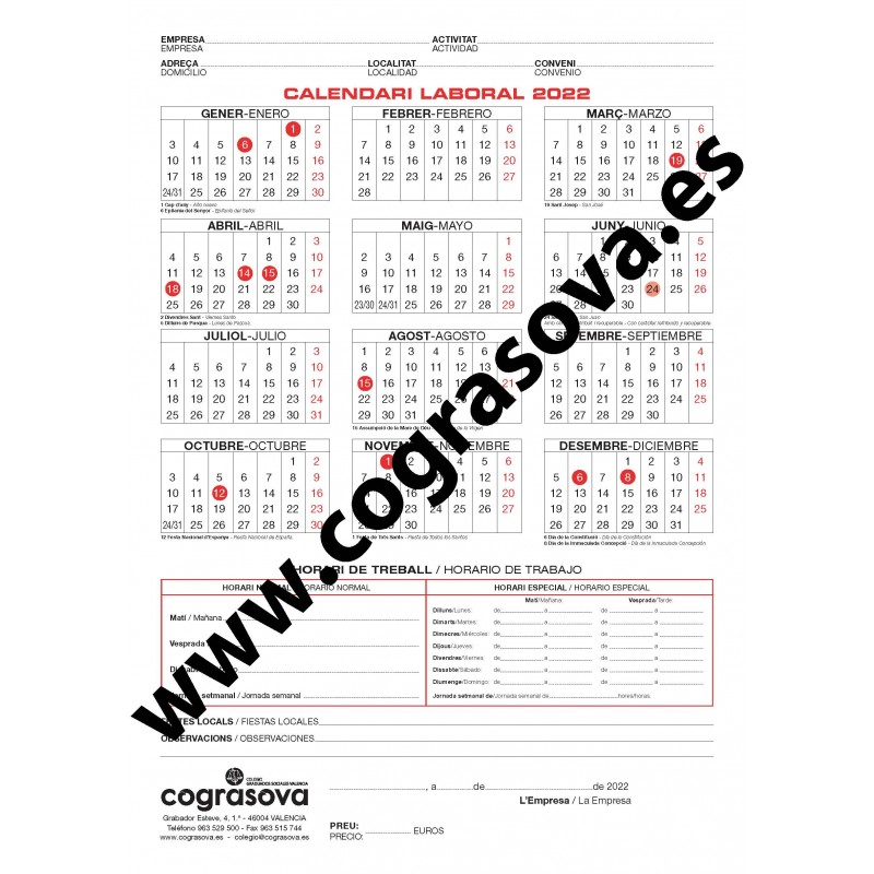 Calendario Laboral 2024 (formato A3) Colegio Oficial de